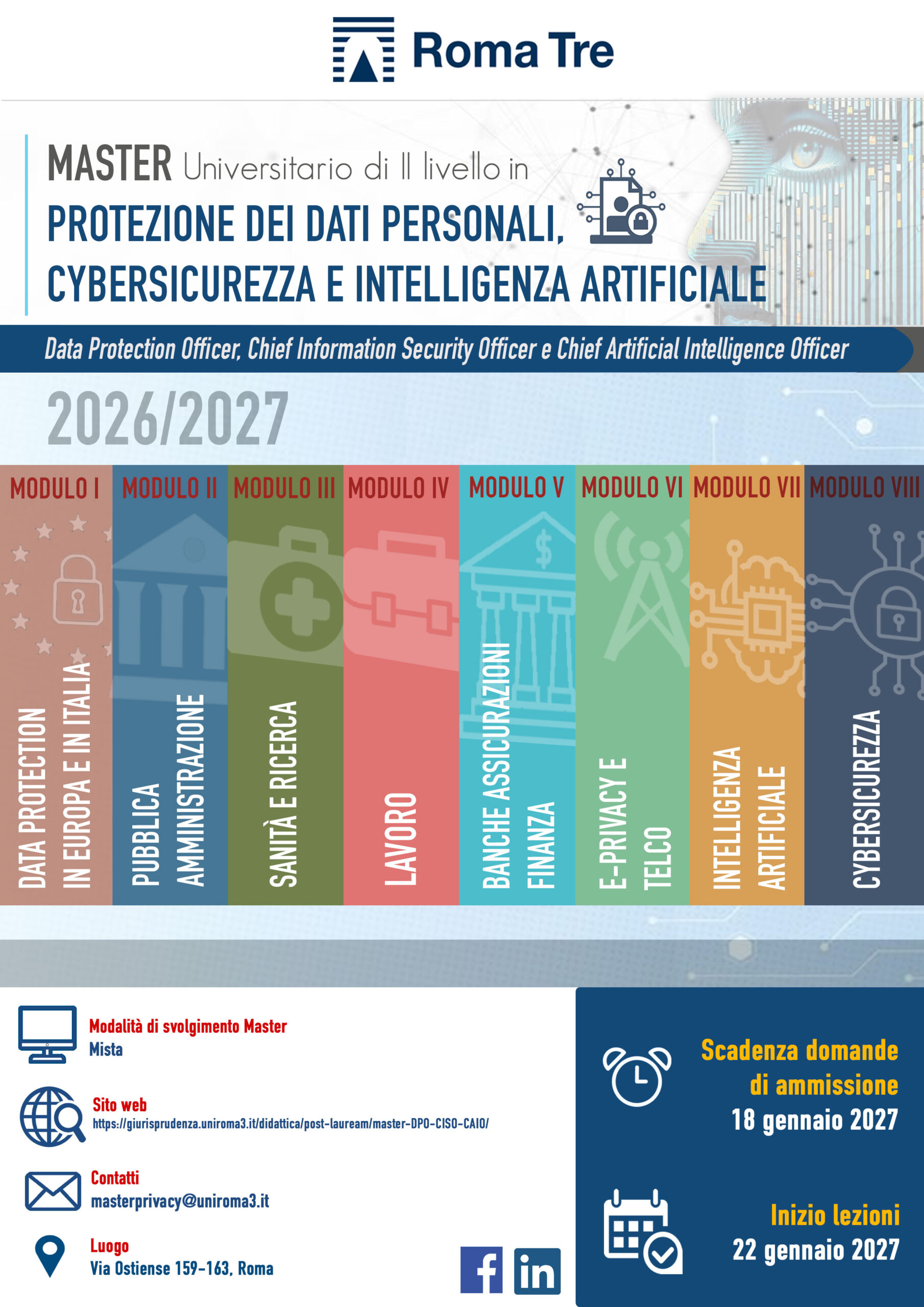Immagine raffigurante la locandina del Master protezione dei dati personli, Cybersicurezza e intelligenza artificiale